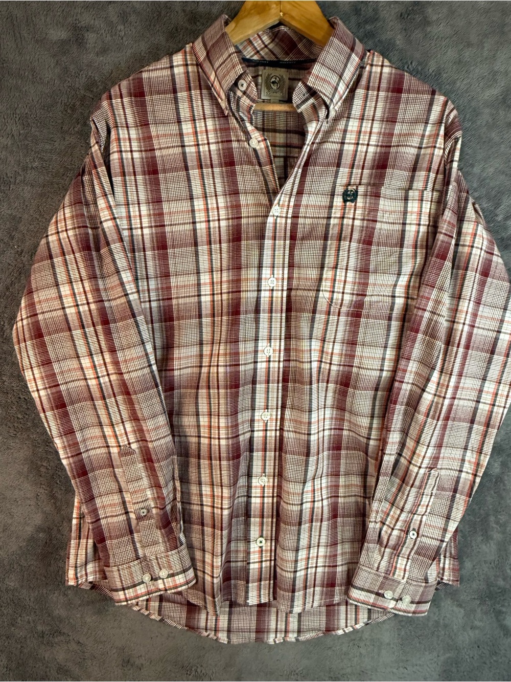 Cinch Men's Plaid Red White Multicolor Cotton Long Sleeve Button-Up Shirt XS